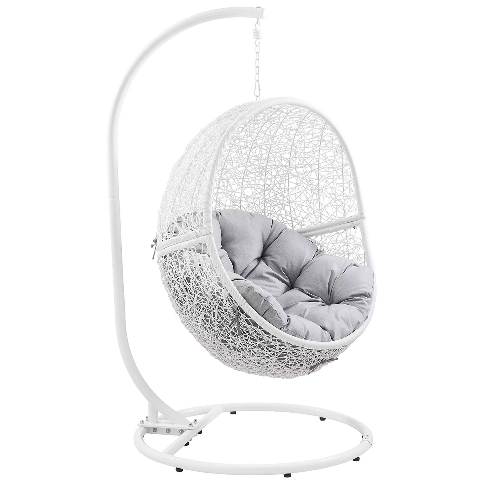 Airy white rattan egg chair cradles a plush gray cushion on a clean white freestanding swing stand. || EEI-6262-WHI-GRY || front_angle_studio