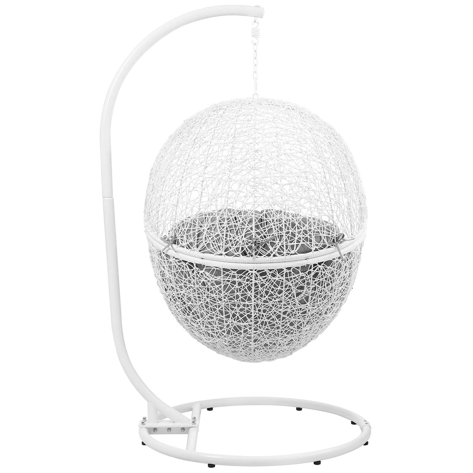 White rattan globe emphasizes the sculptural silhouette and intricate weave of this modern swing chair. || EEI-6262-WHI-GRY || back_studio