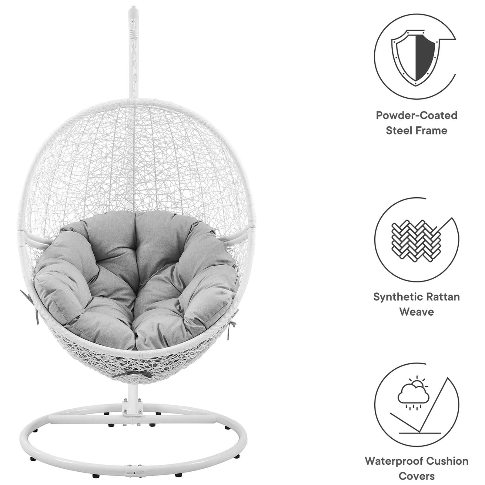 Callout icons spotlight the powder coated white frame, synthetic rattan weave, and waterproof gray cushion. || EEI-6262-WHI-GRY || callout_studio