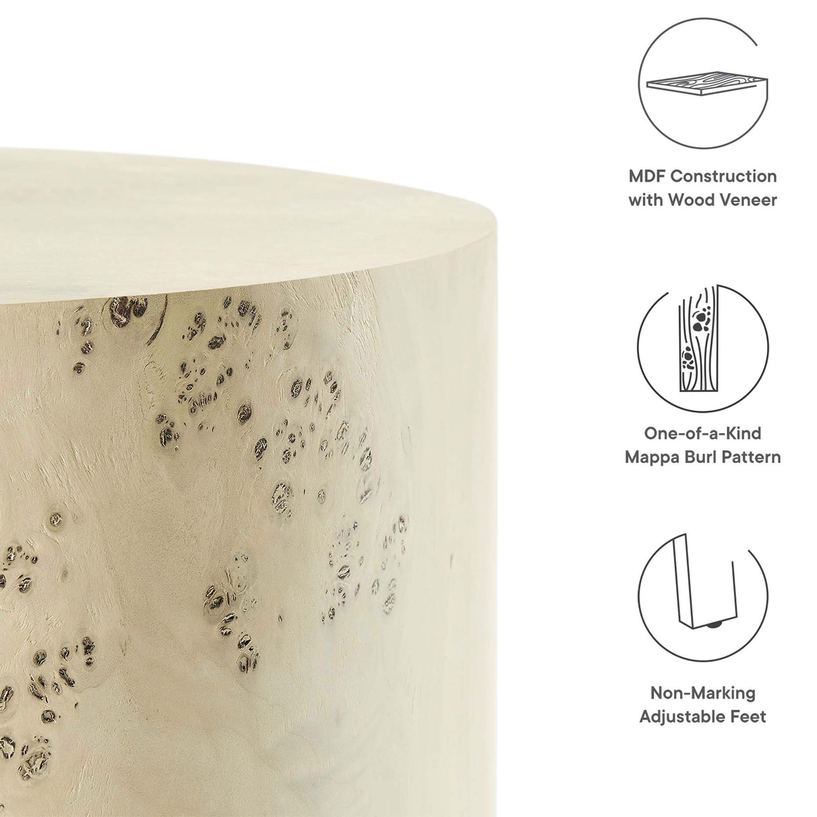 Feature callouts highlight MDF wood veneer construction, unique burl pattern, and non marking adjustable feet || EEI-6271-BLB || callout_studio