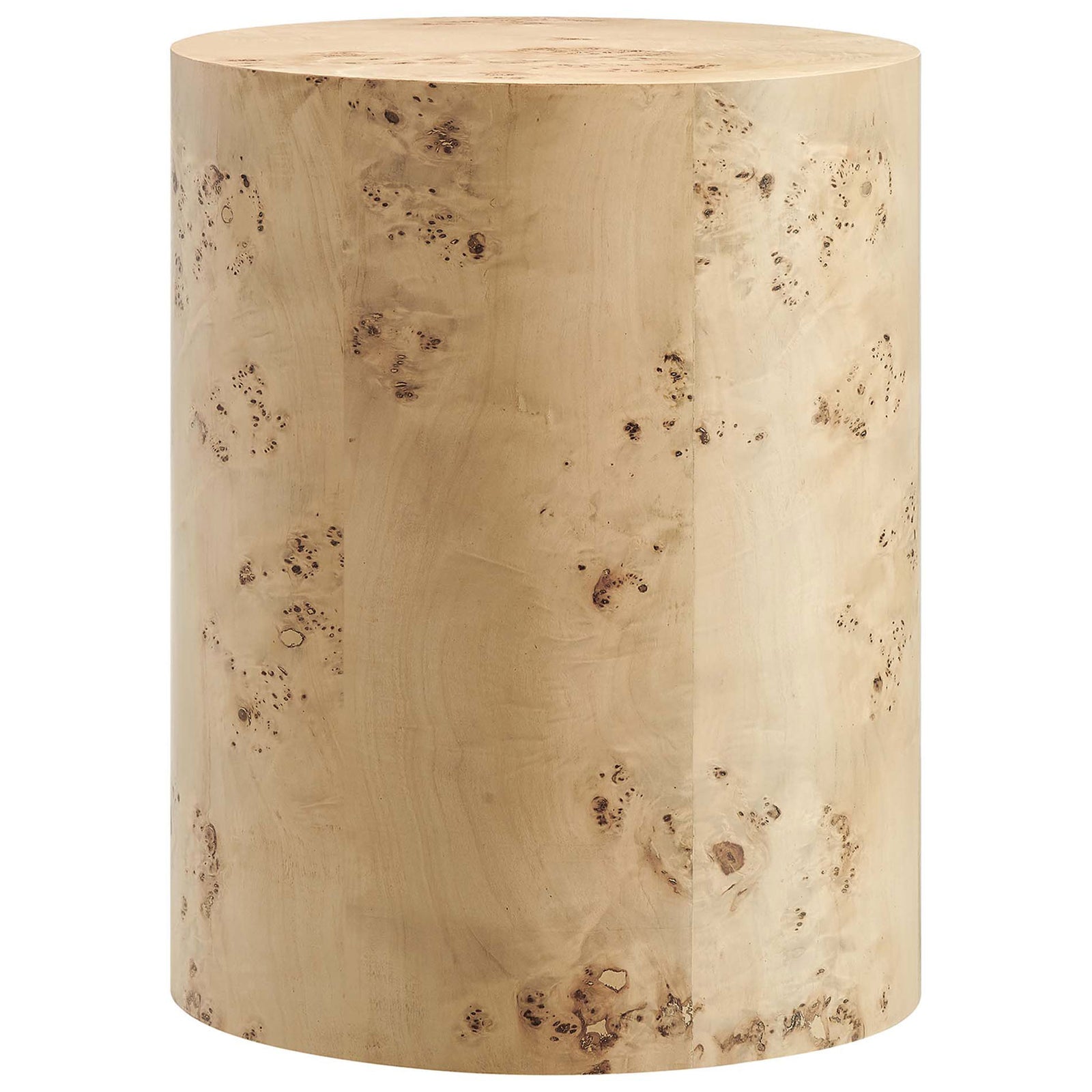 Natural burl wood round side table with smooth cylindrical silhouette and rich organic grain. || EEI-6271-NAB || front_angle_studio