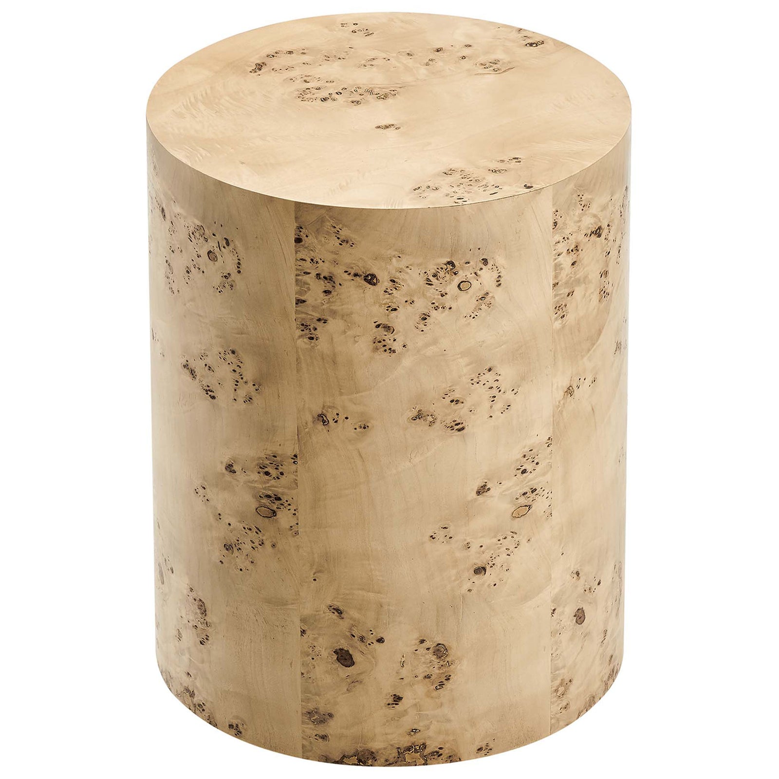 Burl wood cylinder side table showcasing the rounded top and seamless veneer pattern. || EEI-6271-NAB || top_angle_studio