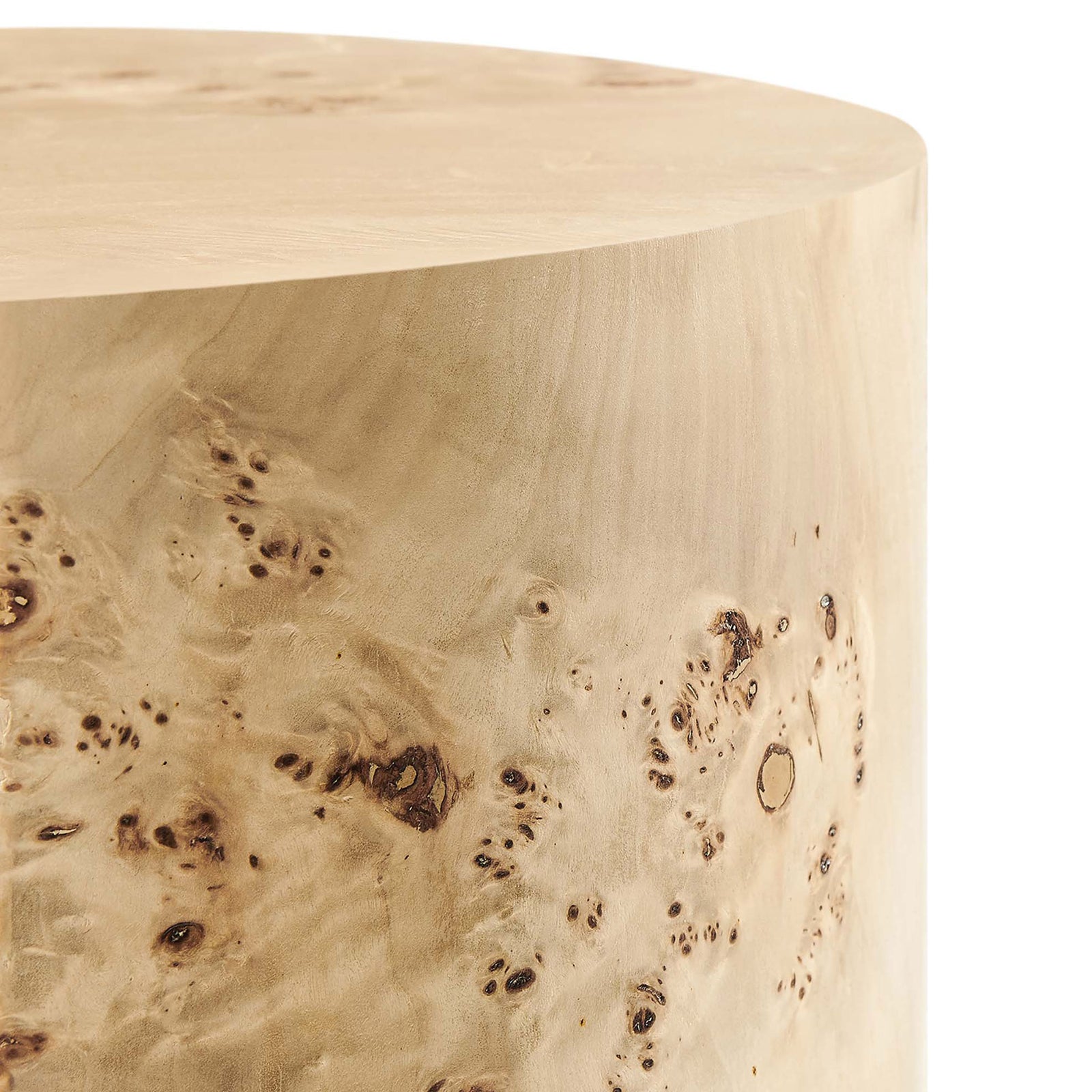 Burl wood veneer surface highlighting unique knots, burls, and smooth satin finish. || EEI-6271-NAB || detail_studio