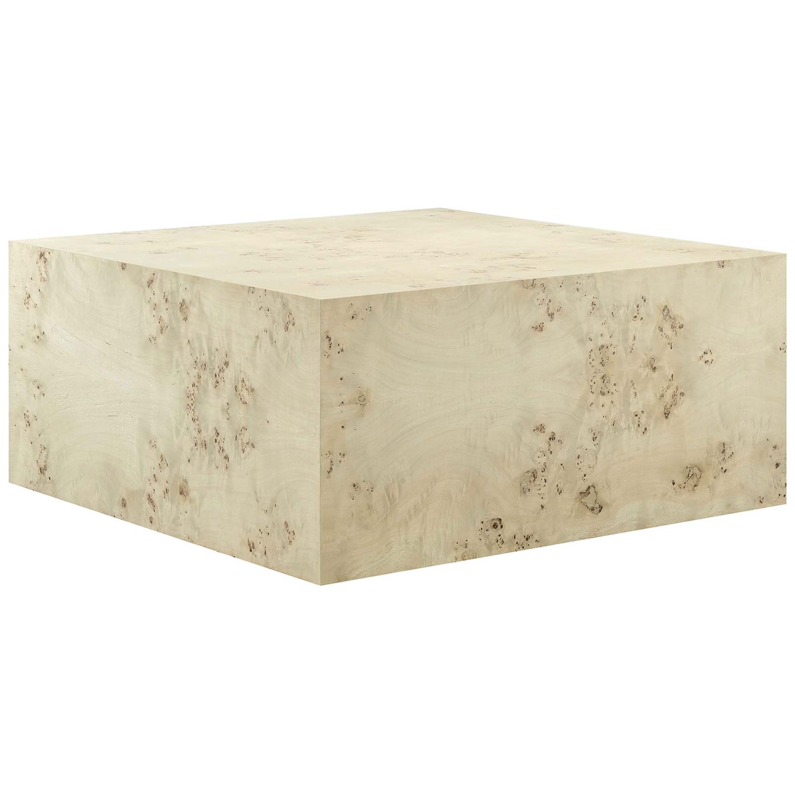 Block-style coffee table showcases distinctive mappa burl patterns for a warm, organic modern look || EEI-6272-BLB || front_angle_studio