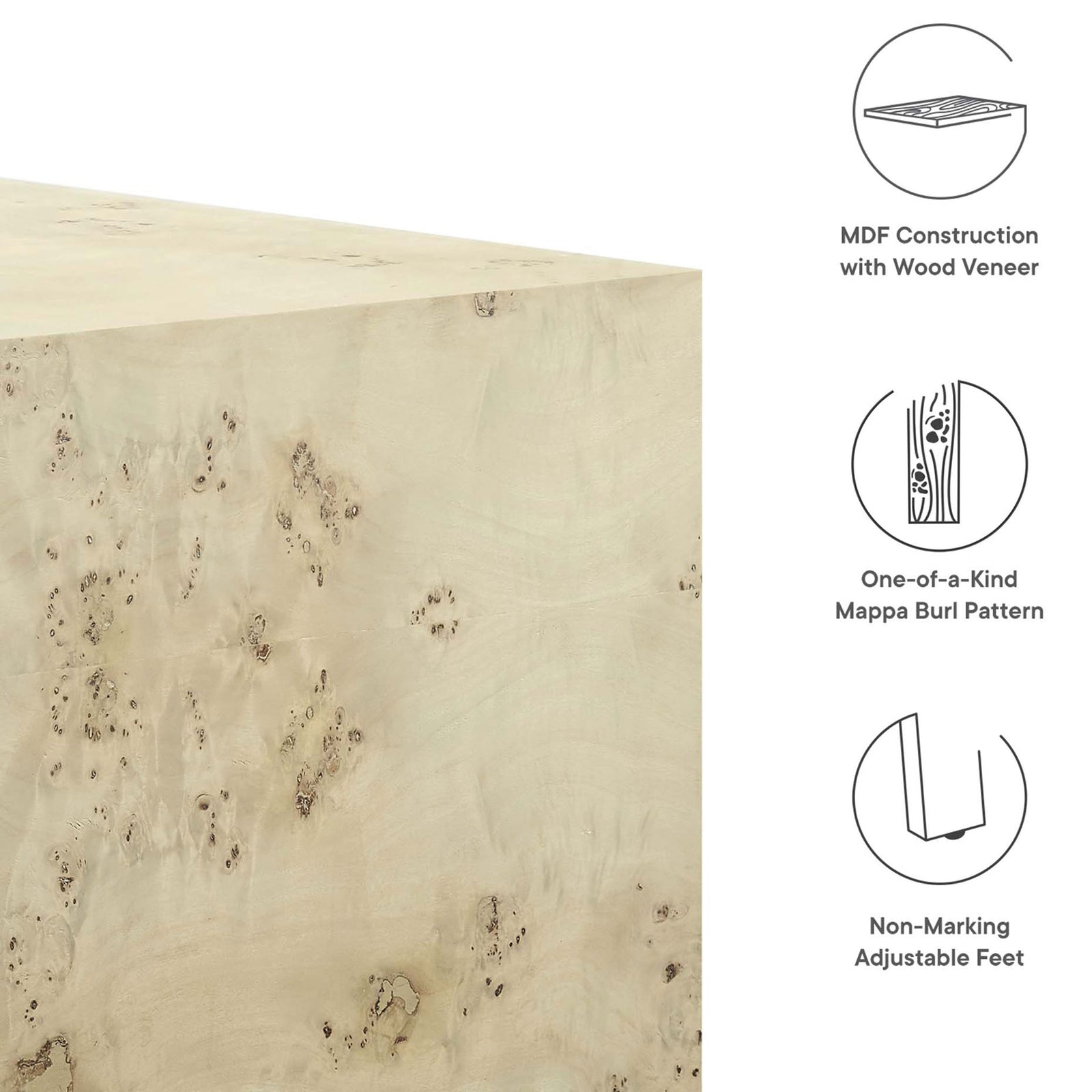 Built with MDF and real mappa burl veneer, plus non-marking adjustable feet for stability || EEI-6272-BLB || callout_studio