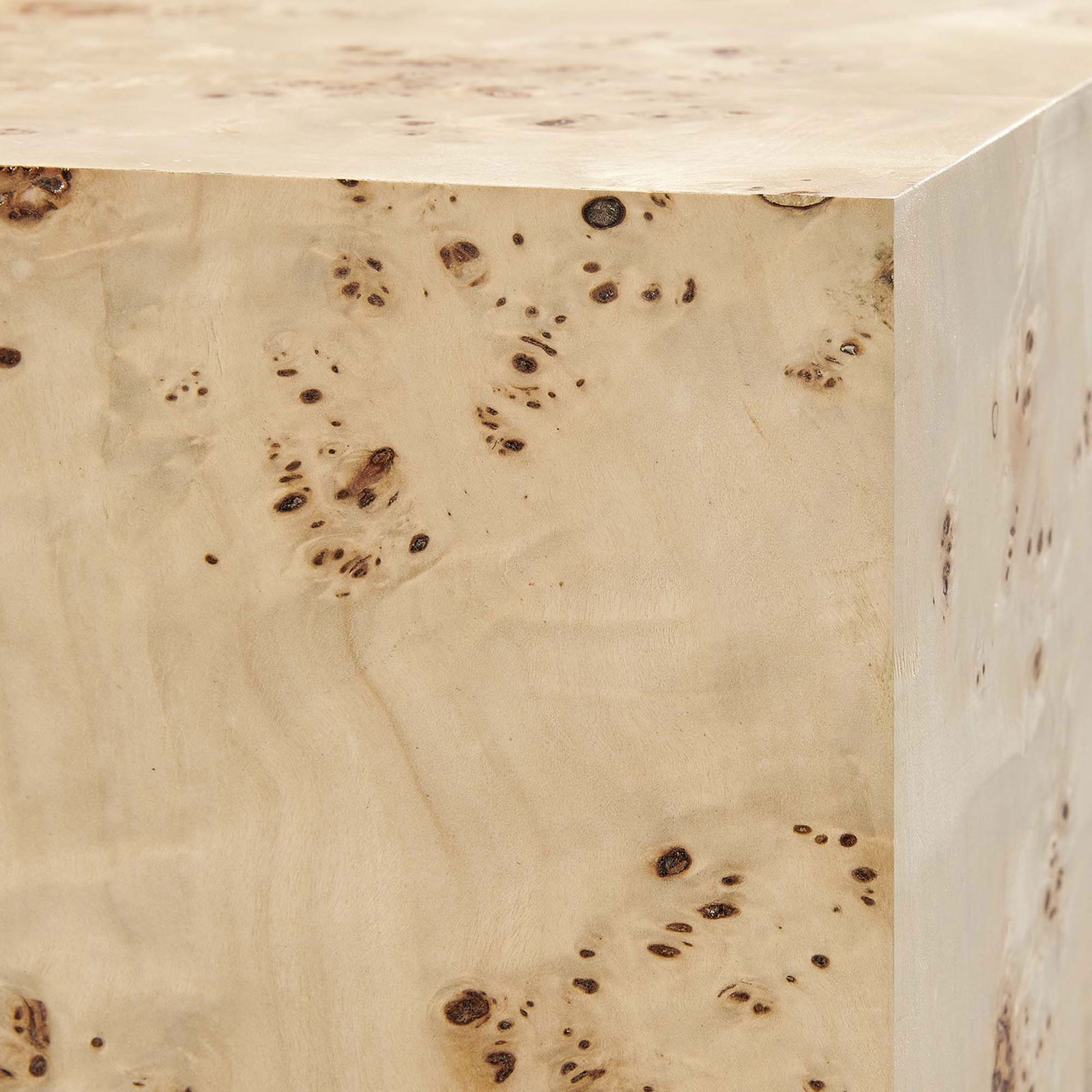 Close view of the burl veneer reveals rich knots and grain variations for a one-of-a-kind look || EEI-6272-NAB || detail_studio