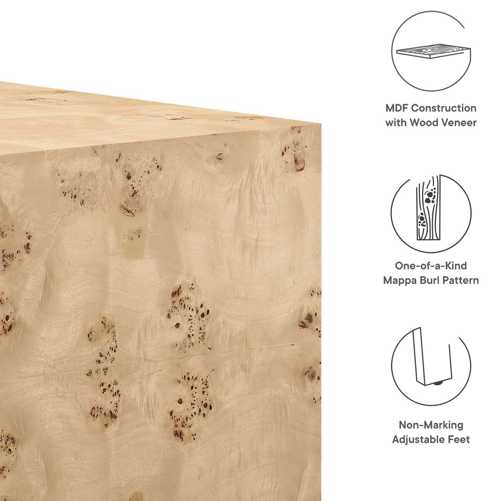 Durable MDF core with real mappa burl veneer and non-marking adjustable feet for floor protection || EEI-6272-NAB || callout_studio