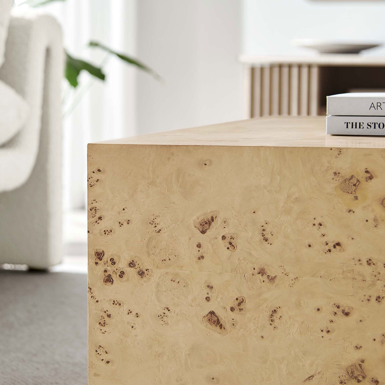 Burl wood finish adds organic warmth and texture to contemporary living room decor || EEI-6272-NAB || detail_room