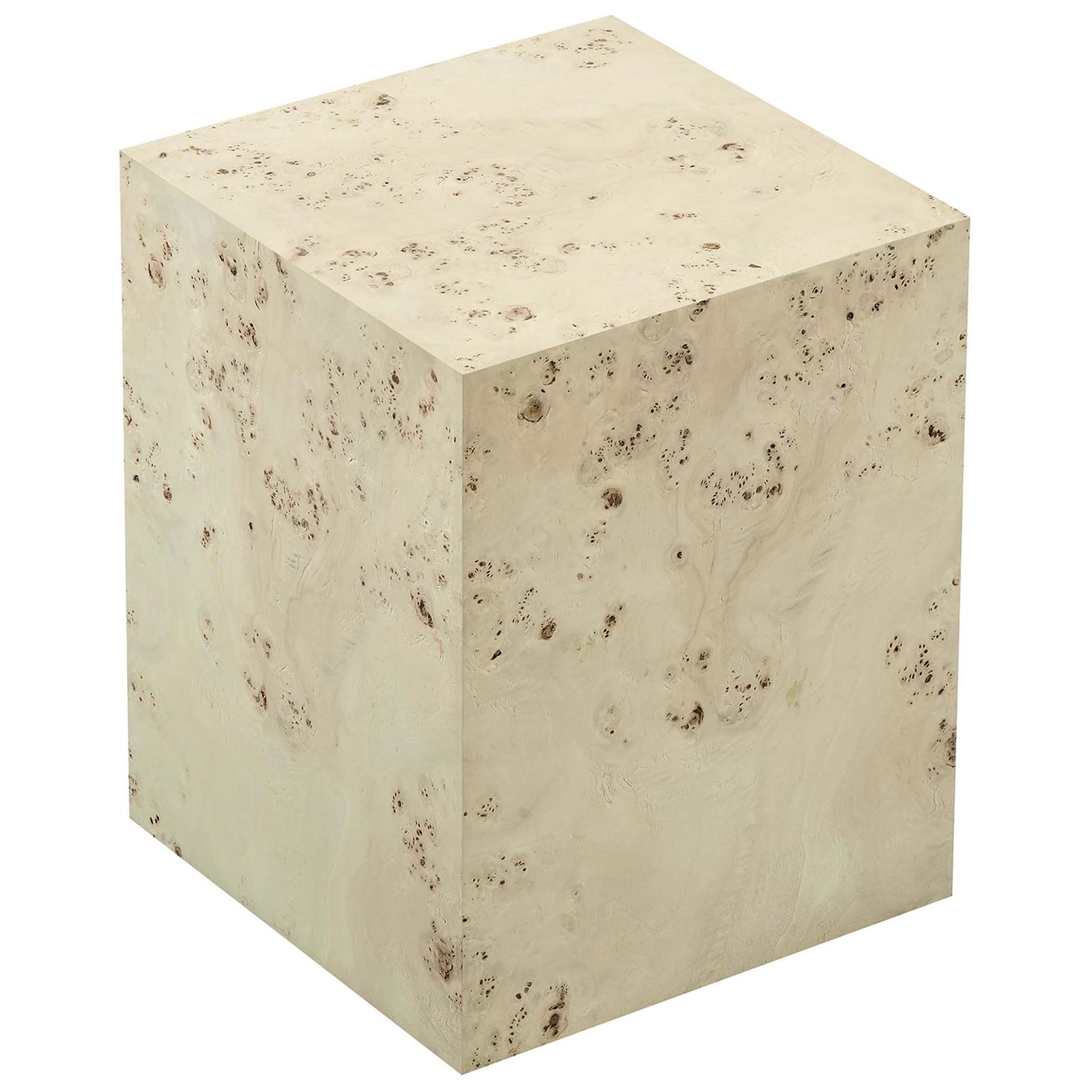Compact square side table highlights the smooth burl veneer wrapping the top and sides || EEI-6273-BLB || top_angle_studio