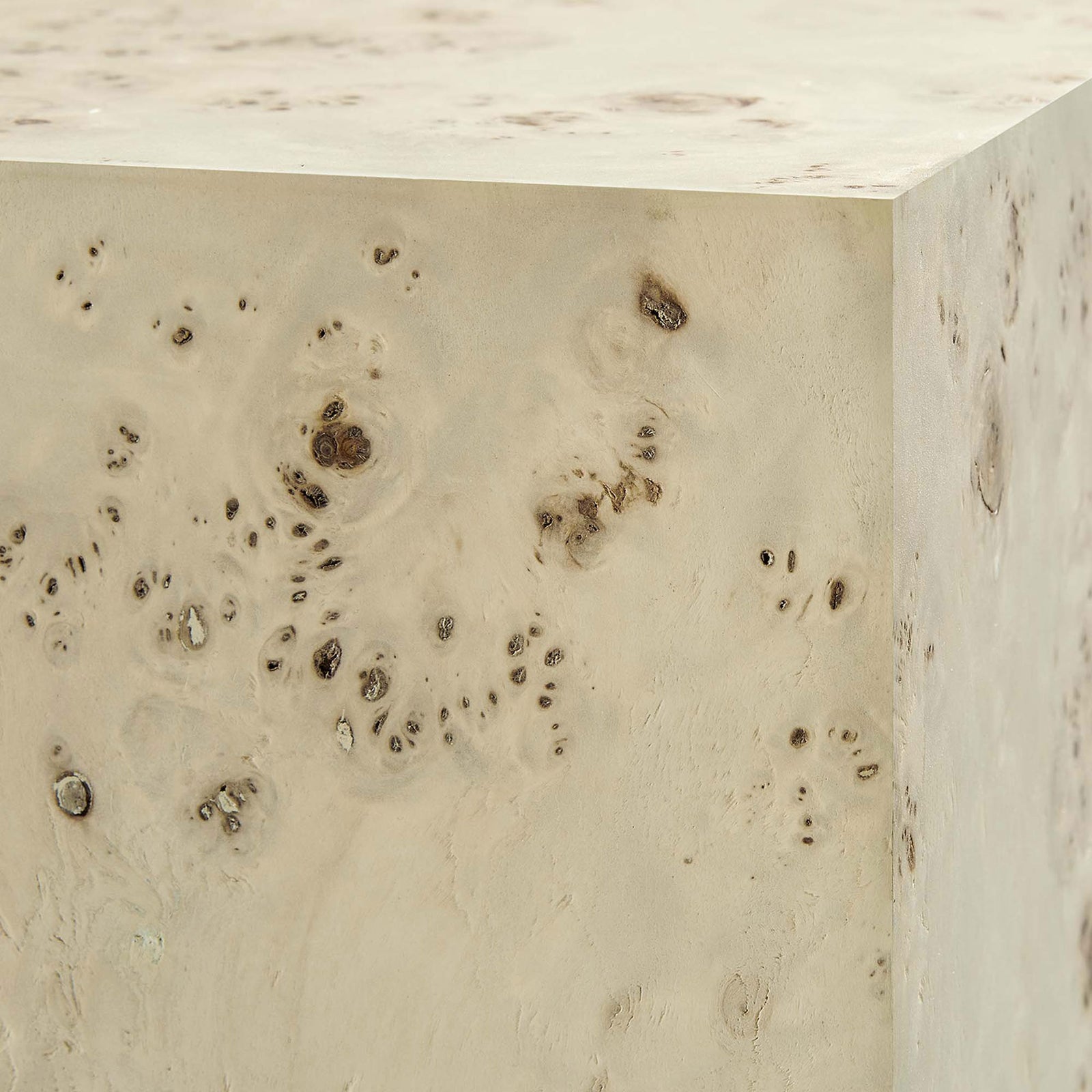 Mappa burl veneer detail reveals organic swirls, knots, and soft neutral beige tones || EEI-6273-BLB || detail_studio