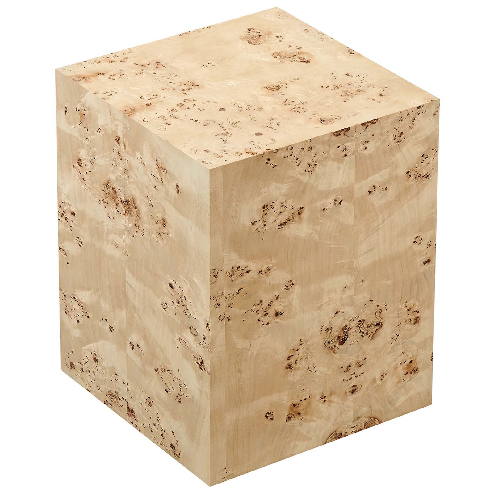 Cosmos burl wood side table highlighting the smooth square top and seamless waterfall-style sides || EEI-6273-NAB || top_angle_studio