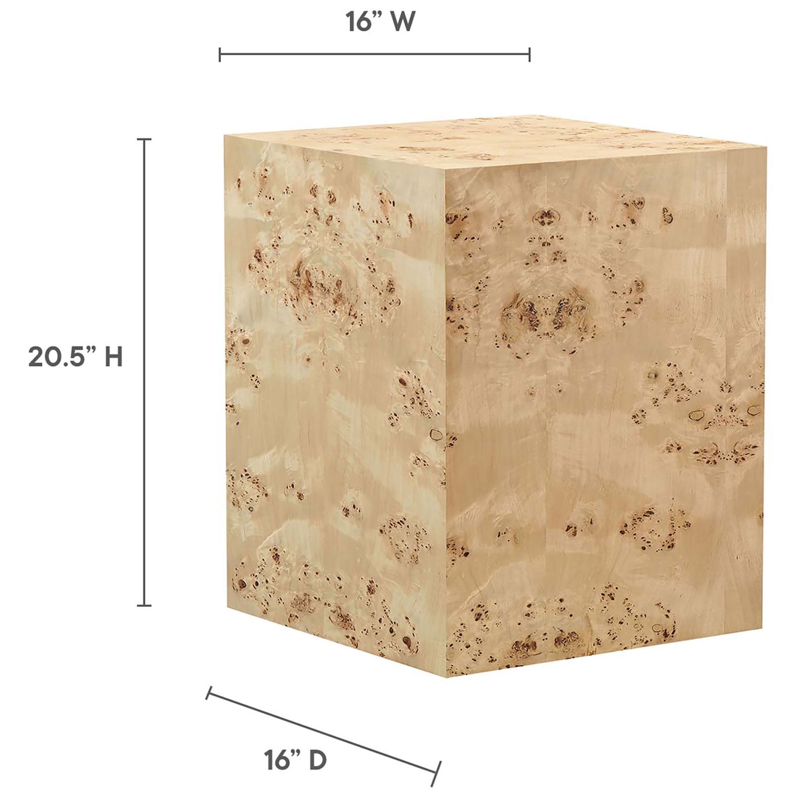 Cosmos burl wood side table with compact 16 inch square top and 20.5 inch height, ideal as a modern accent piece || EEI-6273-NAB || dimension_studio