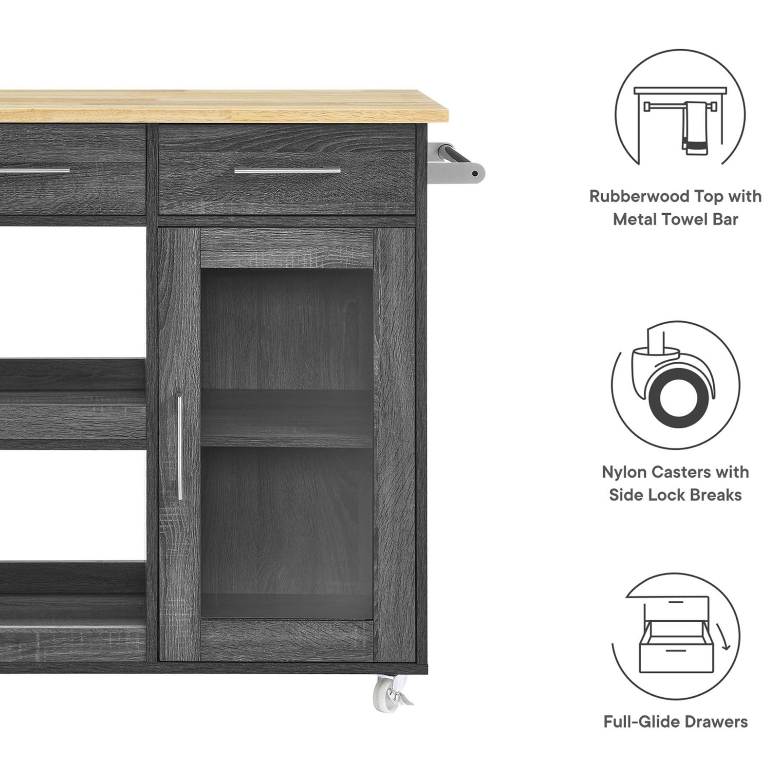 Kitchen cart detail with icons highlighting rubberwood top, nylon casters, and full-glide drawers. || EEI-6275-CHA-NAT || callout_studio