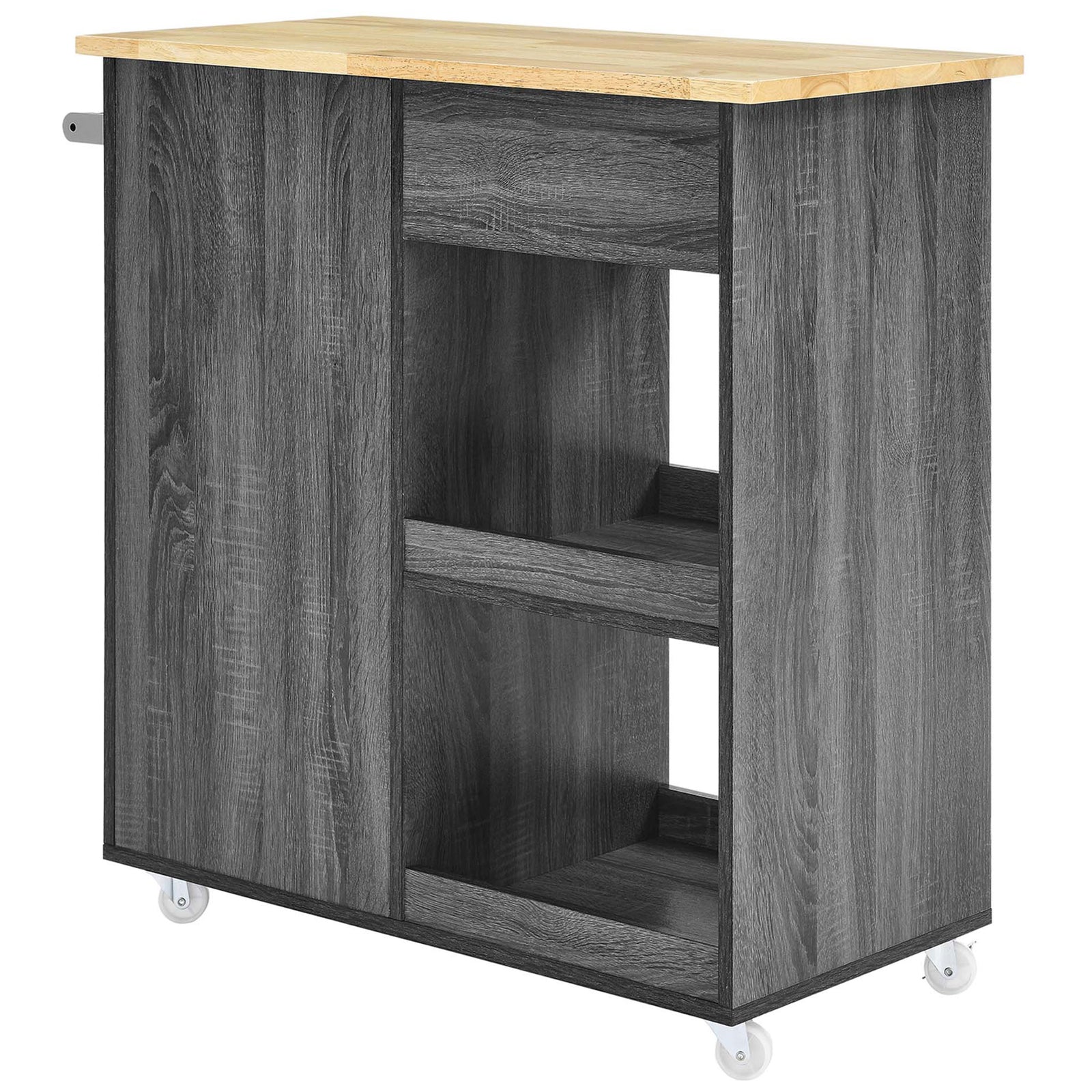 Charcoal kitchen cart with deep rear open shelves and smooth dark wood-grain panel finish. || EEI-6275-CHA-NAT || back_angle_studio