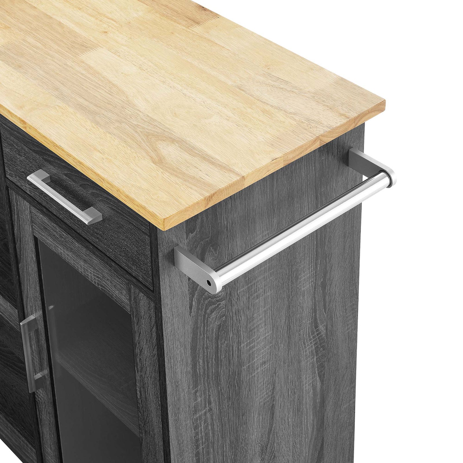 Brushed metal towel bar and thick natural wood top detail on charcoal kitchen cart. || EEI-6275-CHA-NAT || detail_studio