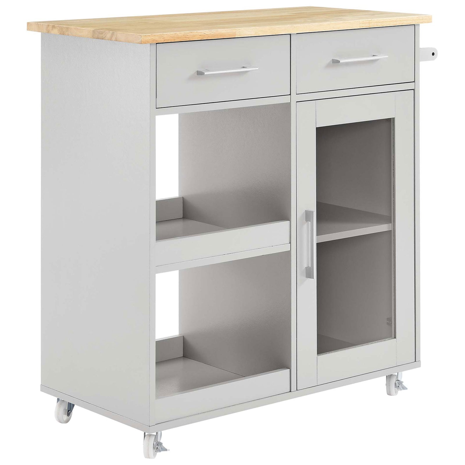 Light gray kitchen cart with natural wood top and mixed open and glass-door storage on locking casters || EEI-6275-LGR-NAT || front_angle_studio