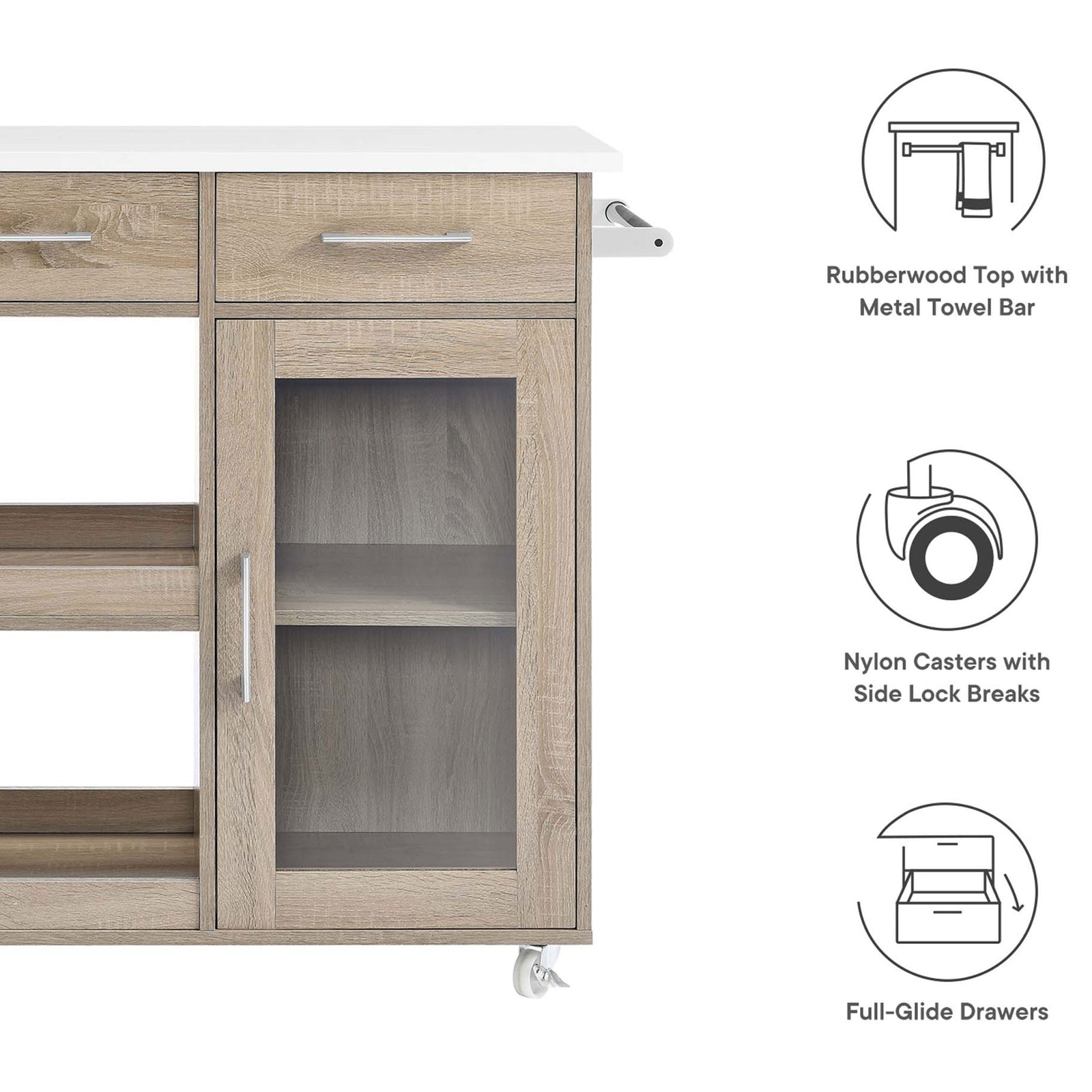 Feature callouts highlighting rubberwood top, metal towel bar, nylon casters with brakes, and full-glide drawers || EEI-6275-OAK-WHI || callout_studio