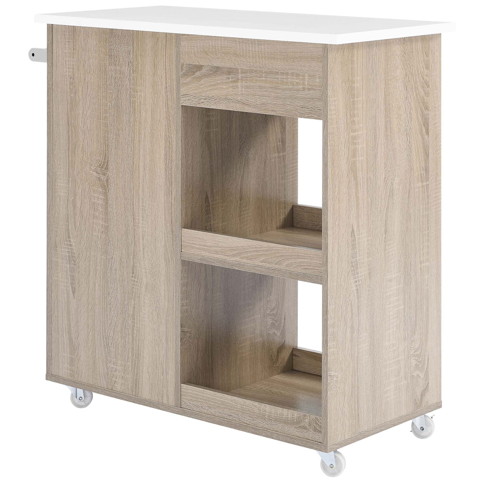 Oak and white kitchen cart showing open shelf cutouts and clean, finished back panel design || EEI-6275-OAK-WHI || back_angle_studio