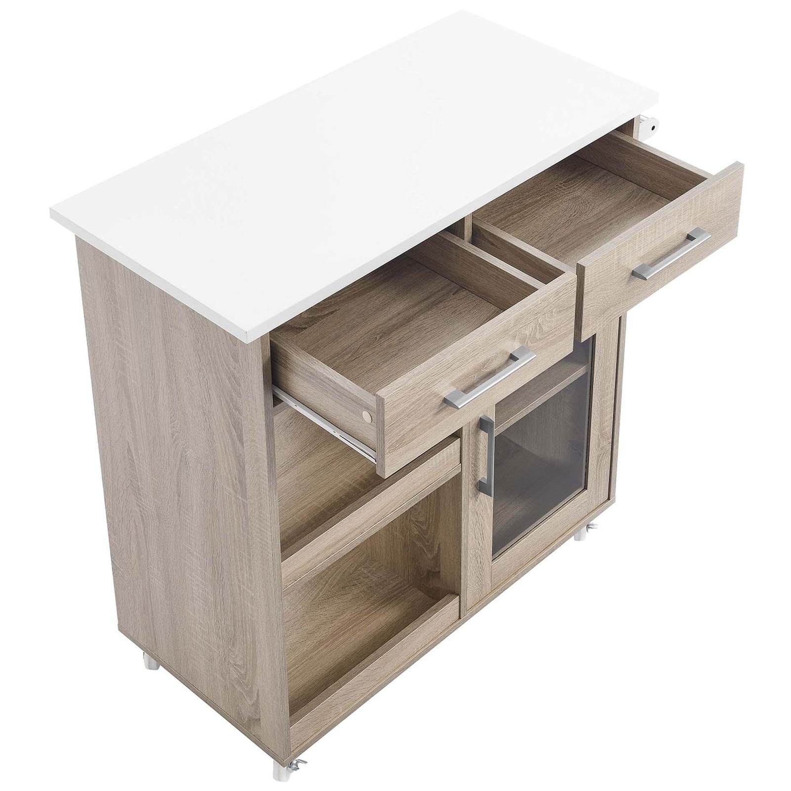 Spacious white work surface with dual pull-out drawers and organized storage compartments || EEI-6275-OAK-WHI || front_angle_open_studio