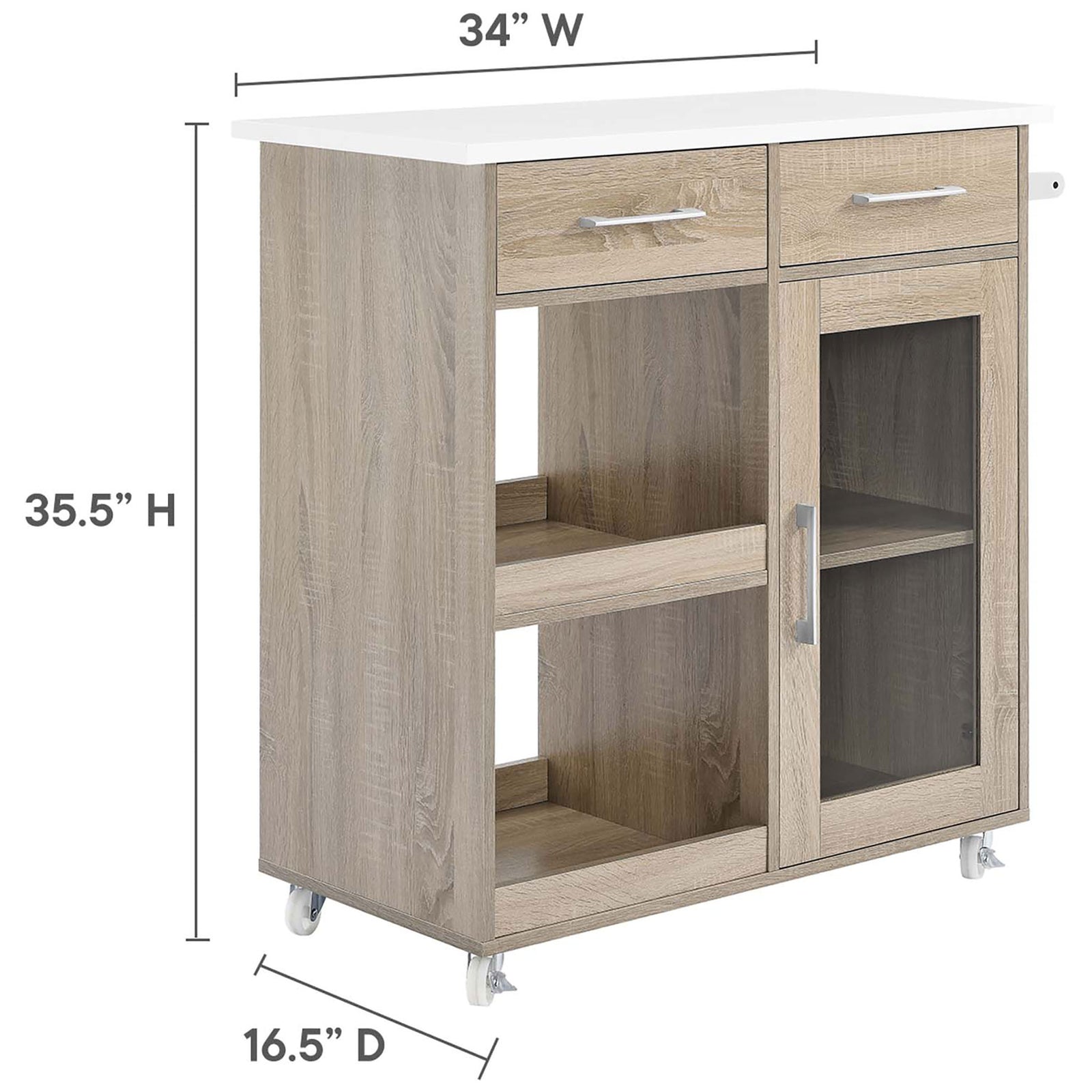 Kitchen cart with dimension callouts showing 34 inch width, 16.5 inch depth, and 35.5 inch height for compact storage || EEI-6275-OAK-WHI || dimension_studio