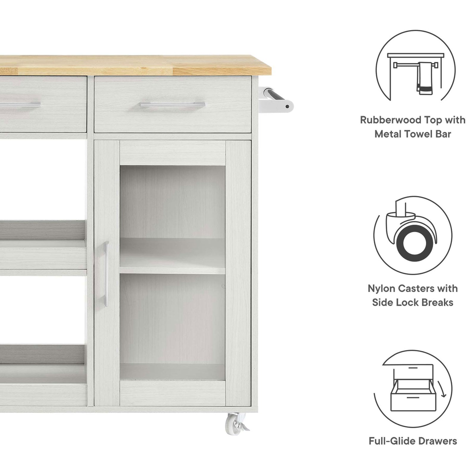 Feature highlights of the kitchen cart showing rubberwood top, locking casters, and full-glide drawers || EEI-6275-WHI-NAT || callout_studio