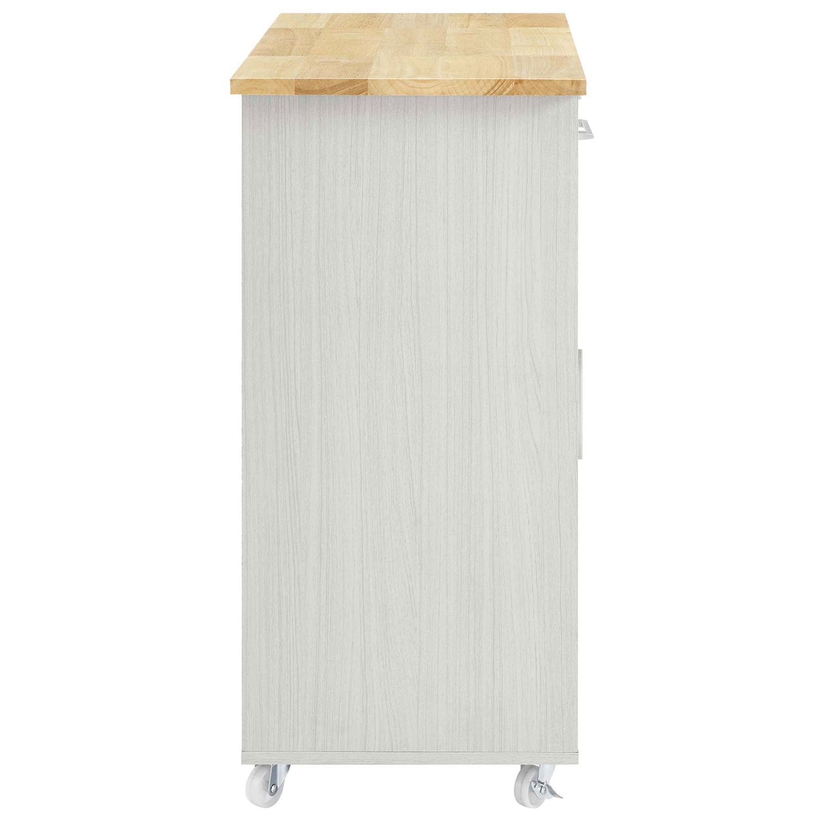 White kitchen cart highlighting natural wood top, smooth panel side, and compact footprint on casters || EEI-6275-WHI-NAT || side_studio