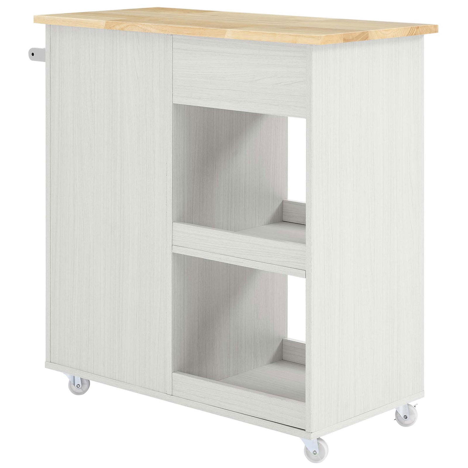 White kitchen cart featuring open double shelves, natural wood top, and smooth back panel on casters || EEI-6275-WHI-NAT || back_angle_studio