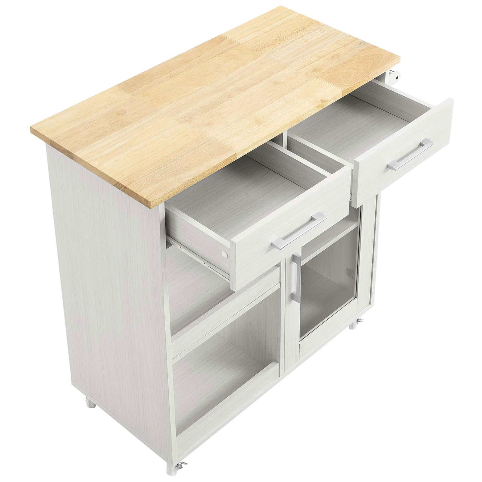 Top of white kitchen cart with natural wood surface and two smooth-glide drawers open for easy access || EEI-6275-WHI-NAT || front_angle_open_studio