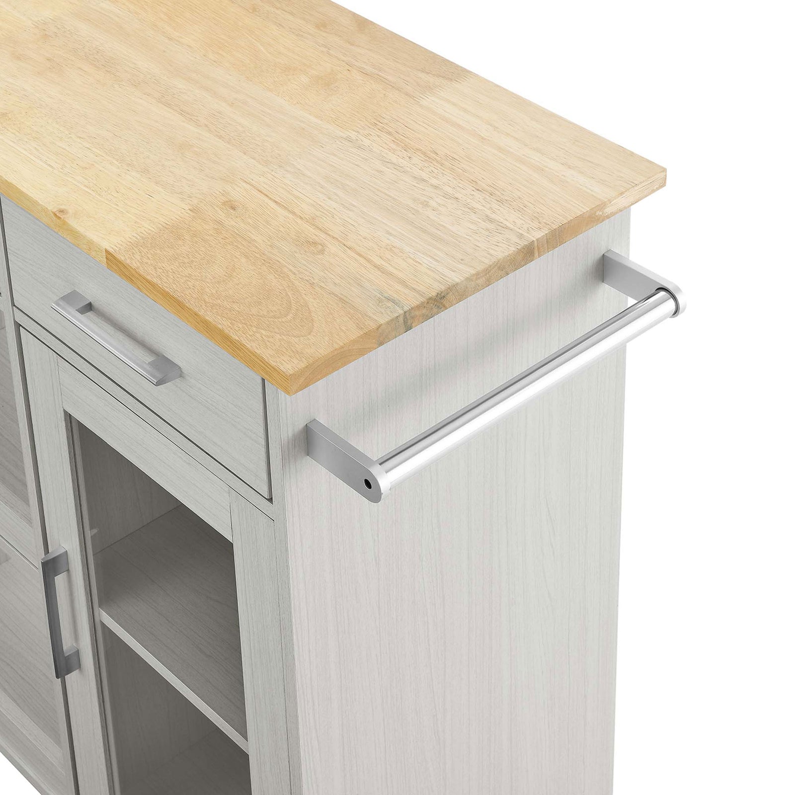 Metal towel bar mounted at the end of the kitchen cart beneath the natural wood countertop || EEI-6275-WHI-NAT || detail_studio