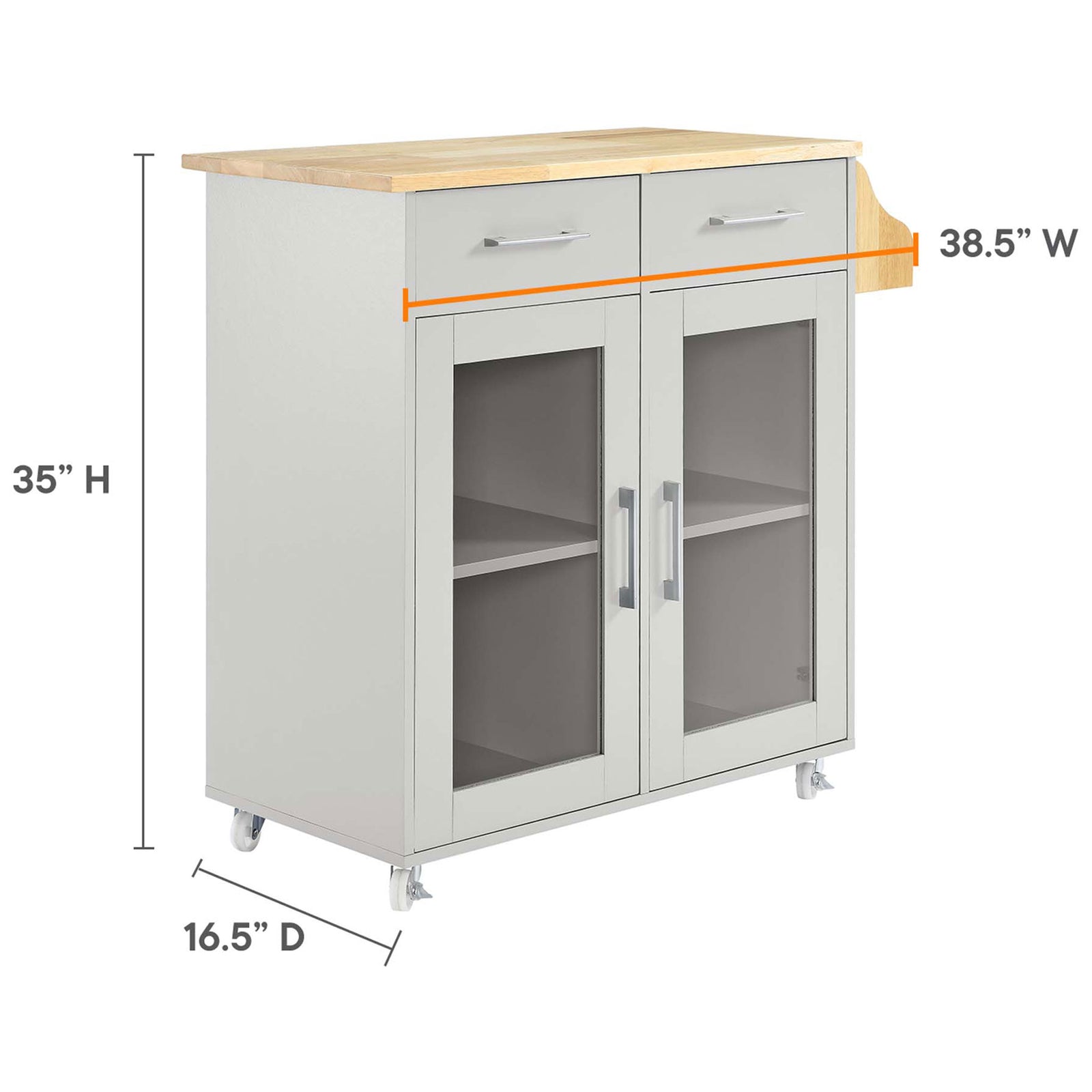 Cuisine kitchen cart with height, width, and depth measurements labeled for easy planning || EEI-6276-LGR-NAT || dimension_studio