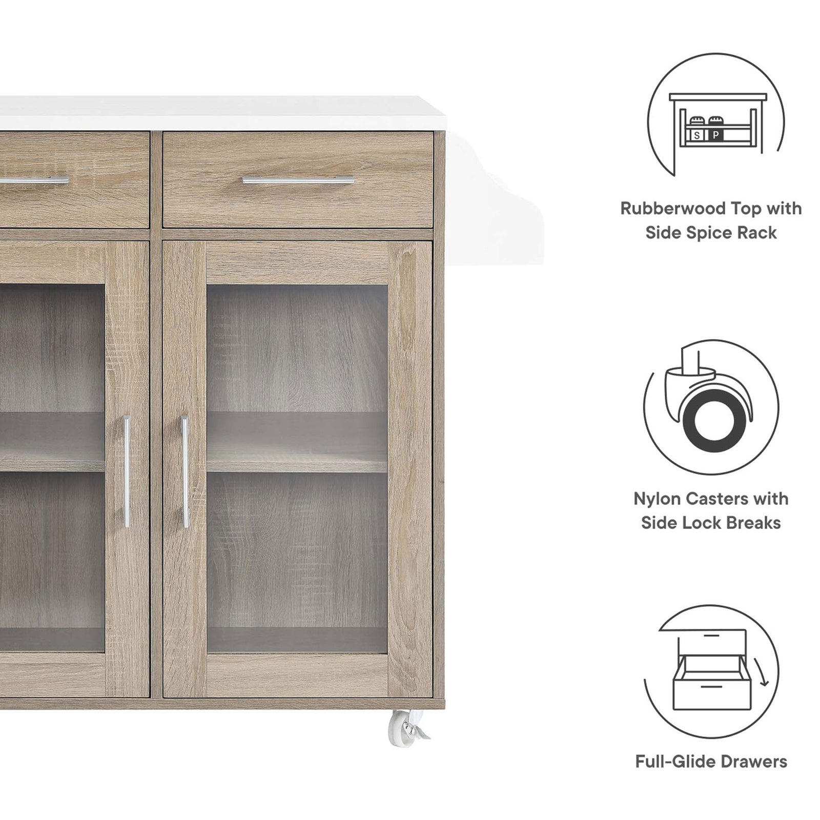 Feature callouts of oak and white kitchen cart with rubberwood top, locking casters, and smooth drawers || EEI-6276-OAK-WHI || callout_studio