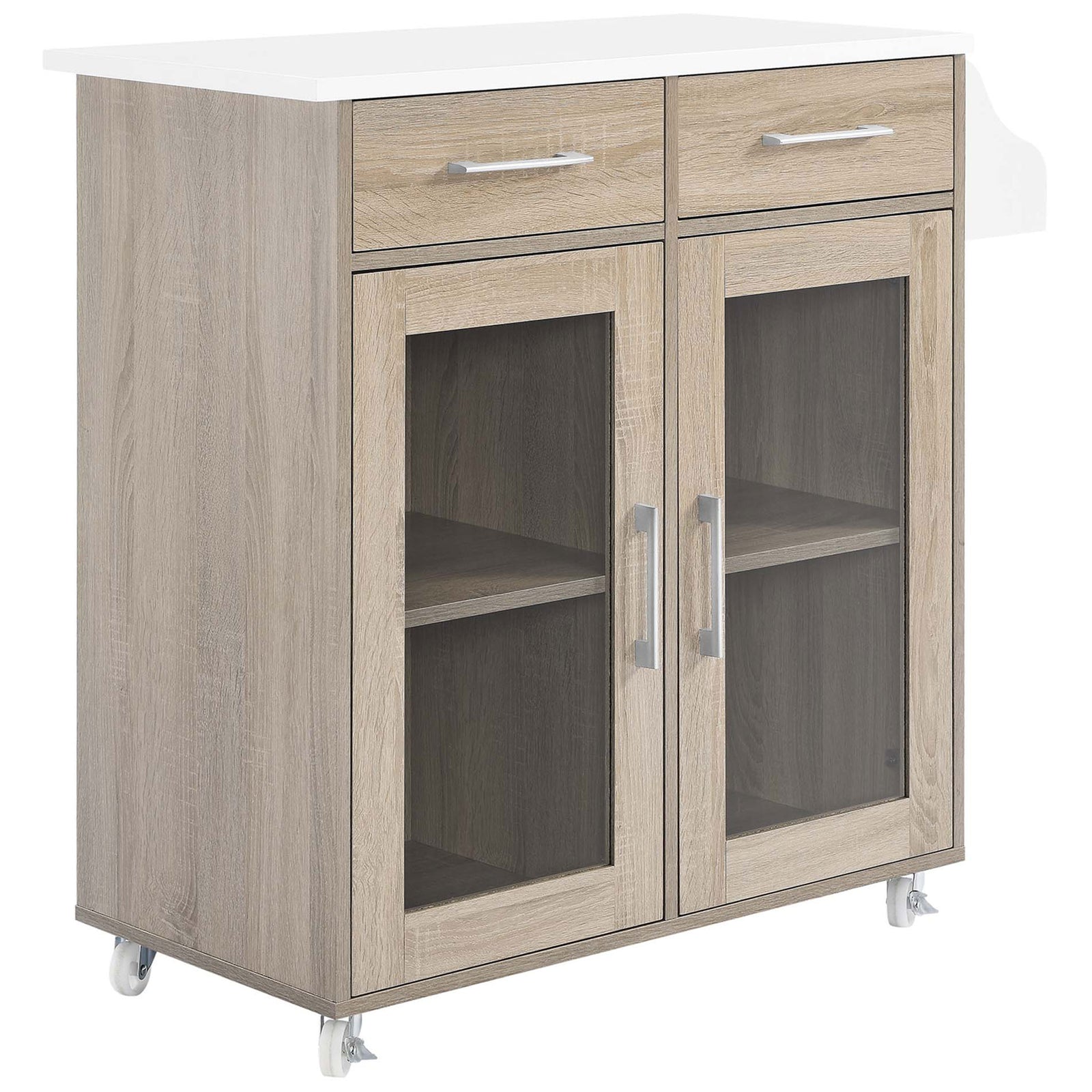 Oak and white rolling kitchen cart with glass doors, roomy drawers, and side spice rack for storage || EEI-6276-OAK-WHI || front_angle_studio