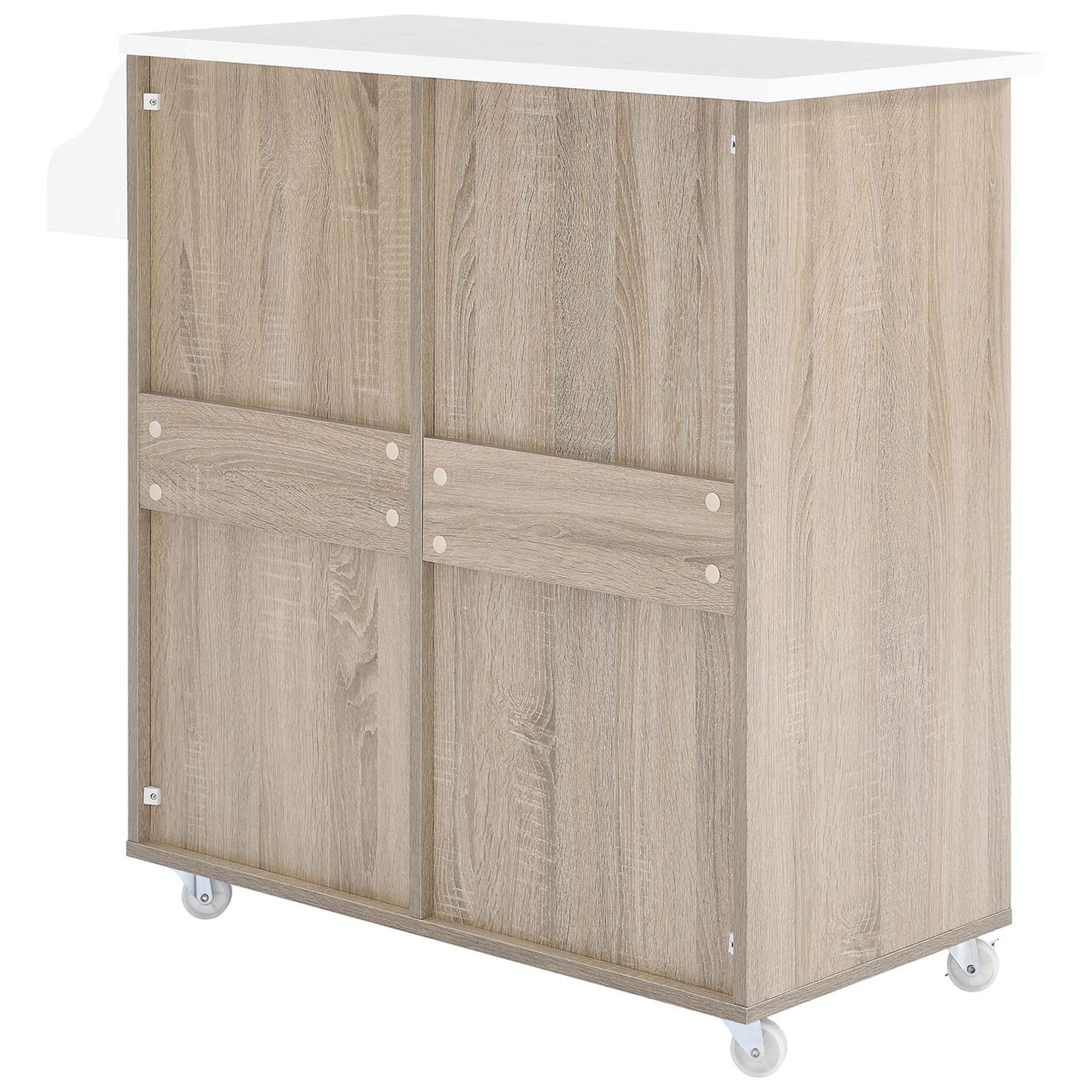 Oak kitchen cart back with white top and sturdy panel construction on smooth-rolling casters || EEI-6276-OAK-WHI || back_angle_studio