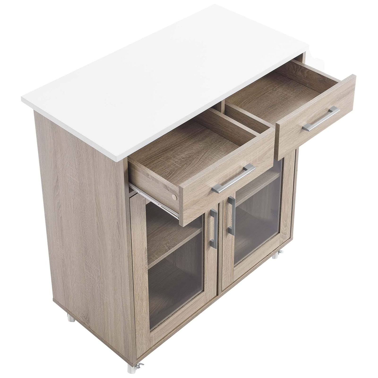 Kitchen cart with white top and two drawers open for storing utensils, linens, and cooking tools || EEI-6276-OAK-WHI || front_angle_open_studio