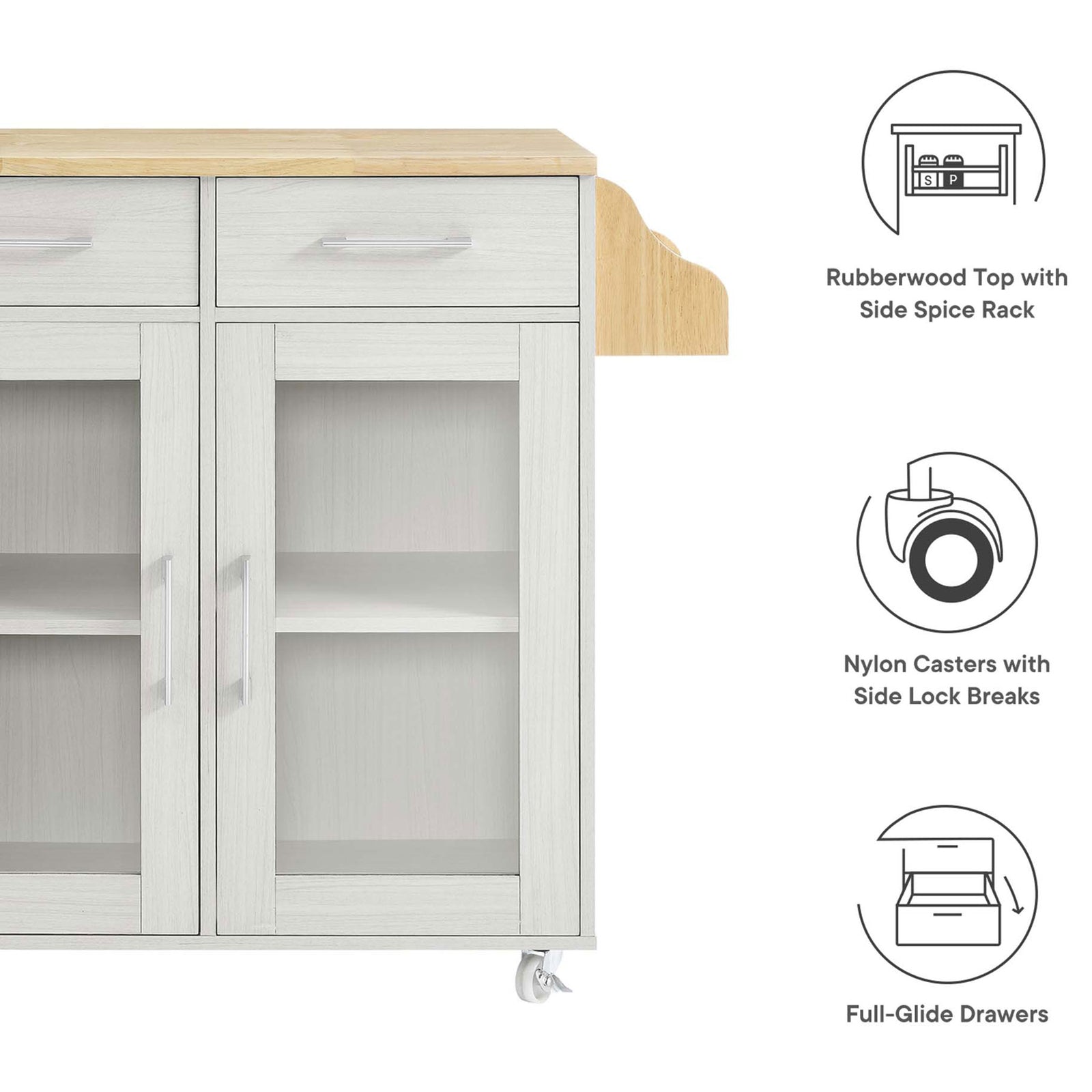 Feature overview of the kitchen cart with rubberwood top, spice rack, and full glide drawers || EEI-6276-WHI-NAT || callout_studio
