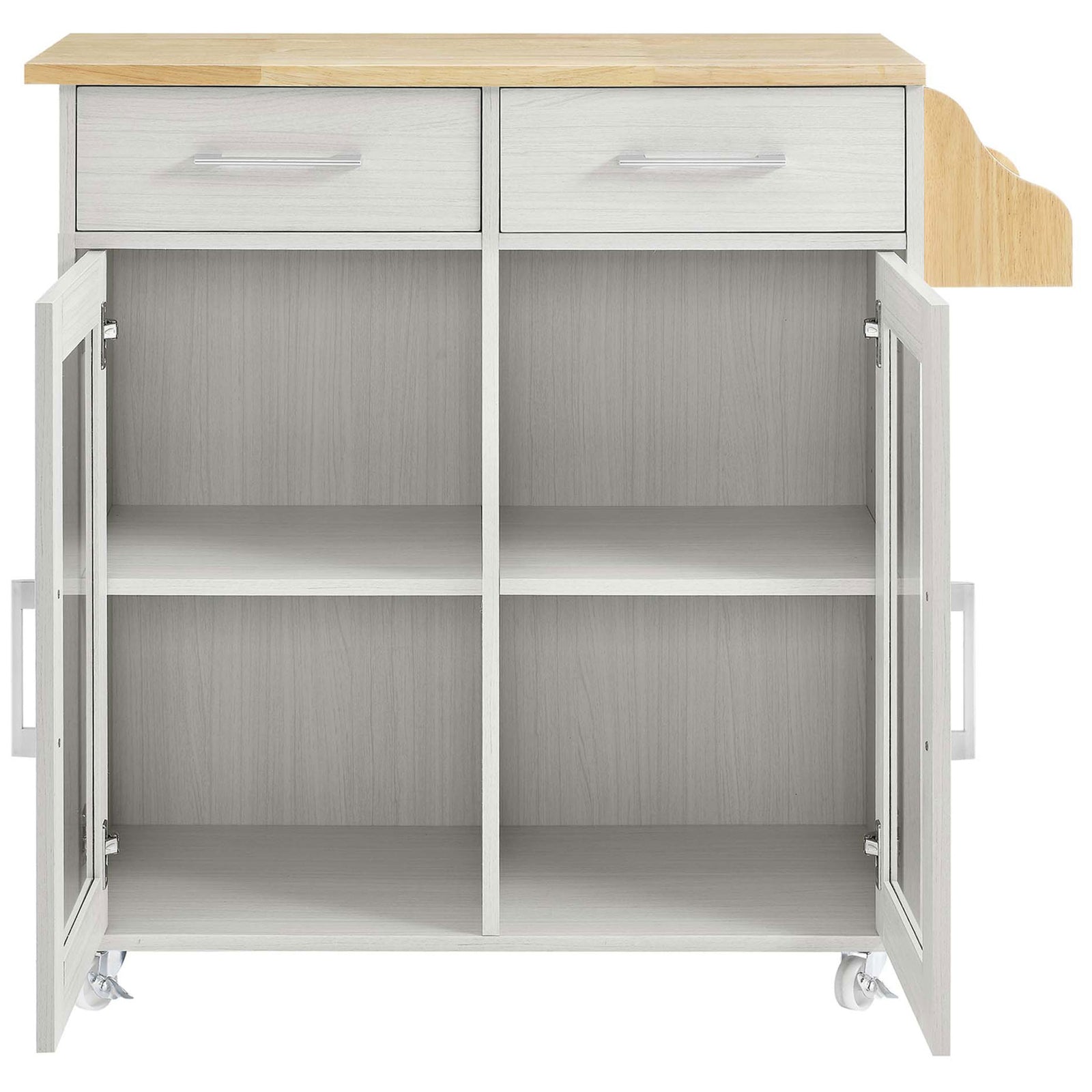 White kitchen cart with double doors open to reveal adjustable shelves for dishes and cookware || EEI-6276-WHI-NAT || front_open_studio