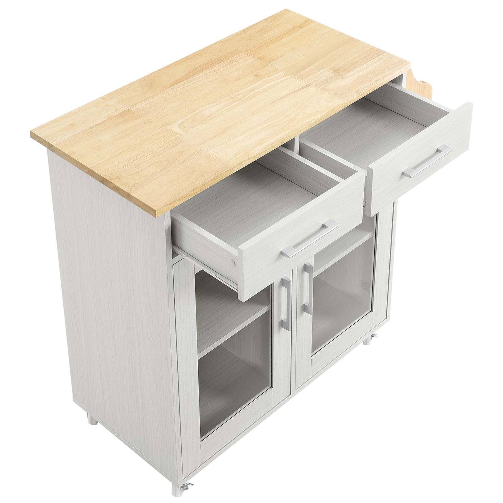Open drawers across the top revealing organized storage for utensils, linens, and kitchen tools || EEI-6276-WHI-NAT || front_angle_open_studio