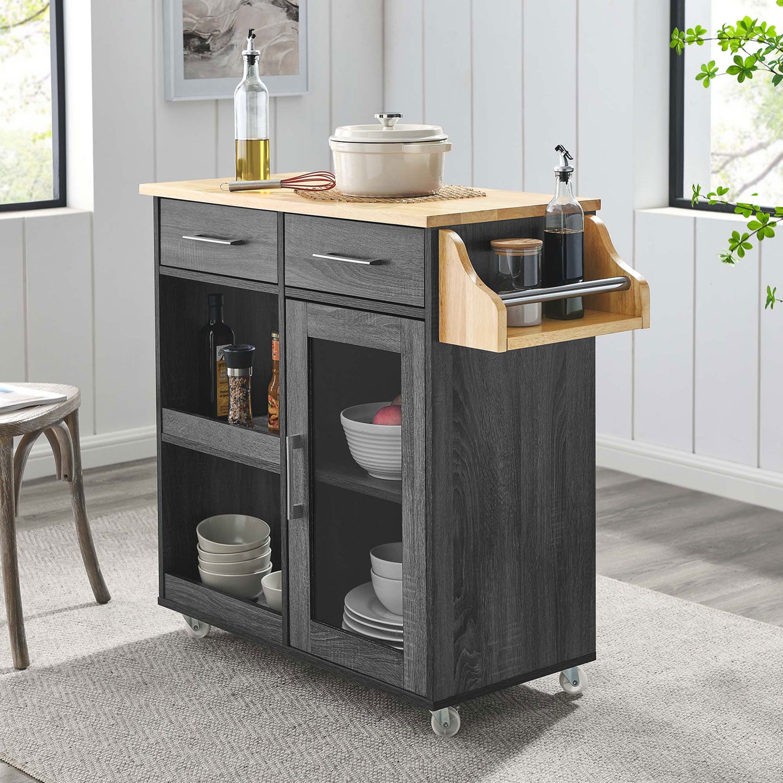 Charcoal and natural wood kitchen cart styled with cookware and decor in a contemporary dining nook || EEI-6277-CHA-NAT || front_angle_room