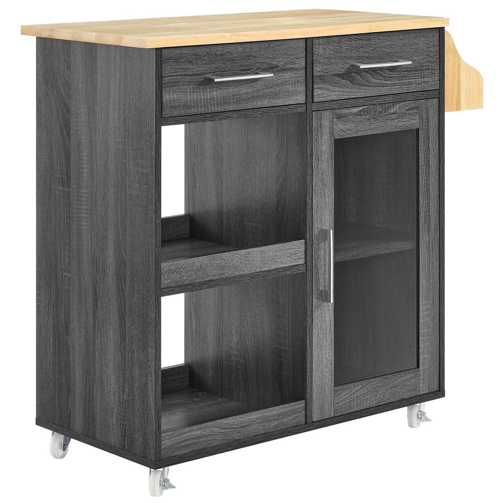 Charcoal and natural wood kitchen cart with drawers, glass door, open shelving, spice rack, and casters || EEI-6277-CHA-NAT || front_angle_studio