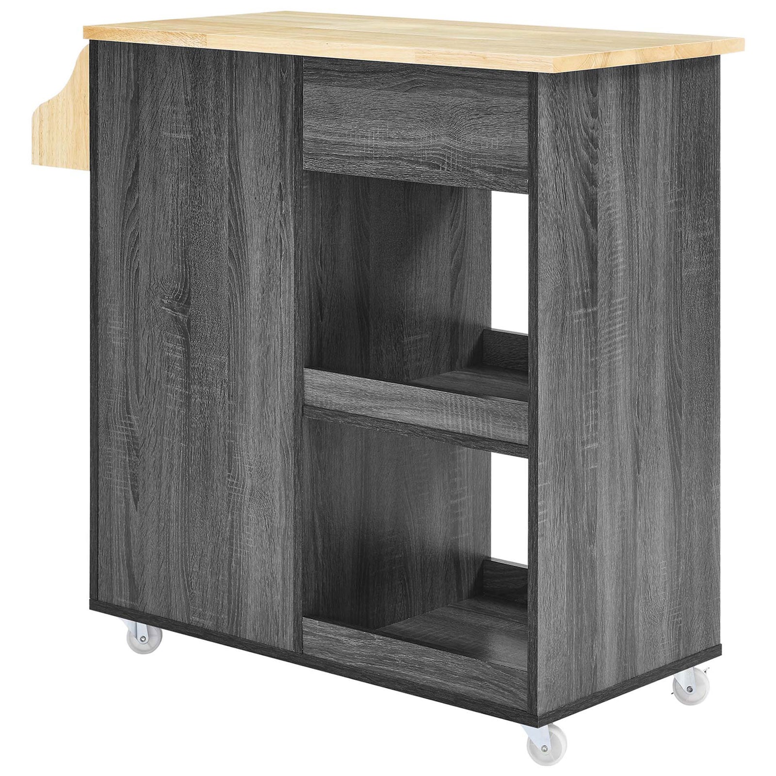 Charcoal kitchen cart back with open shelves and natural wood top on smooth rolling casters || EEI-6277-CHA-NAT || back_angle_studio