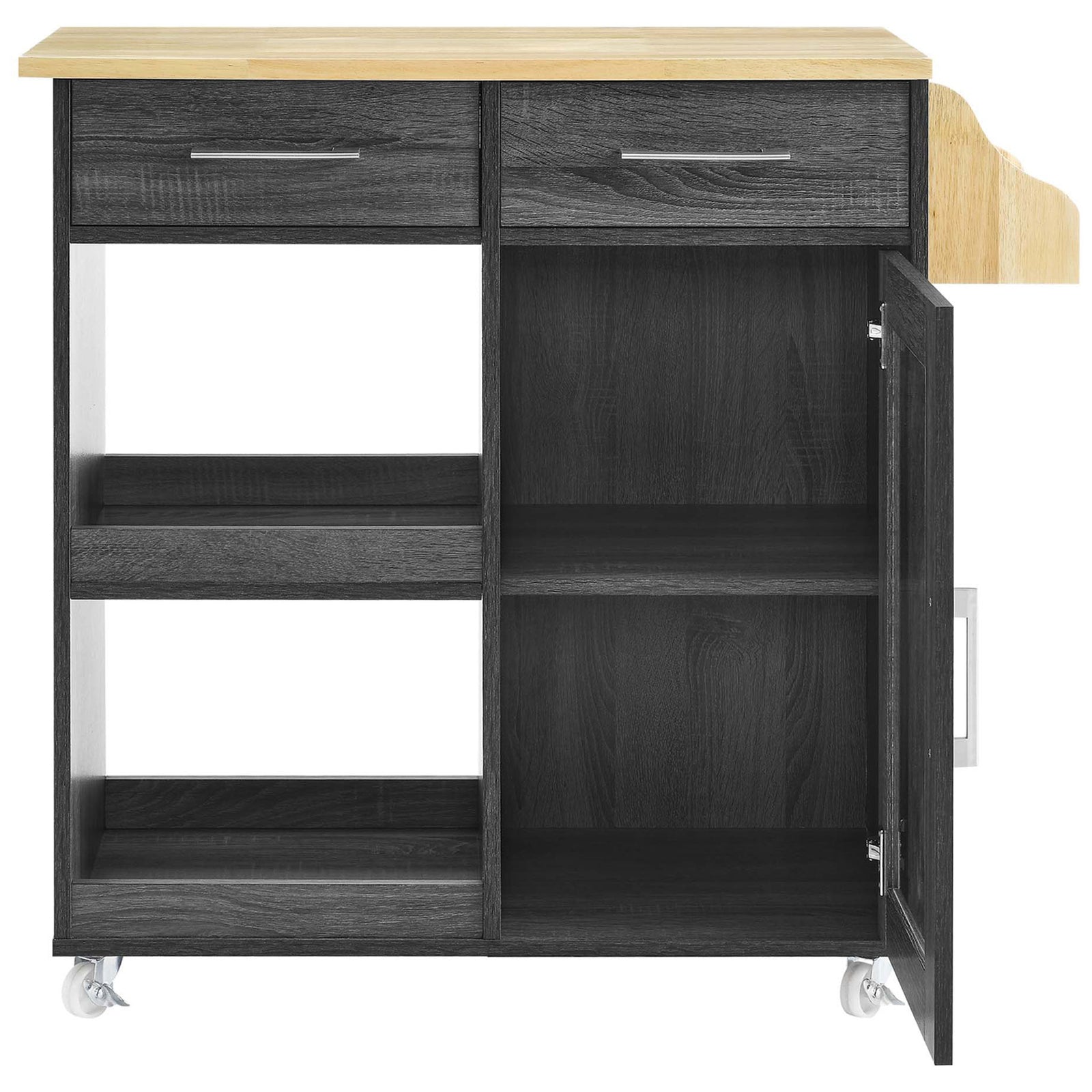 Kitchen cart with door open revealing two-shelf cabinet storage alongside open side shelves for dishes || EEI-6277-CHA-NAT || front_open_studio