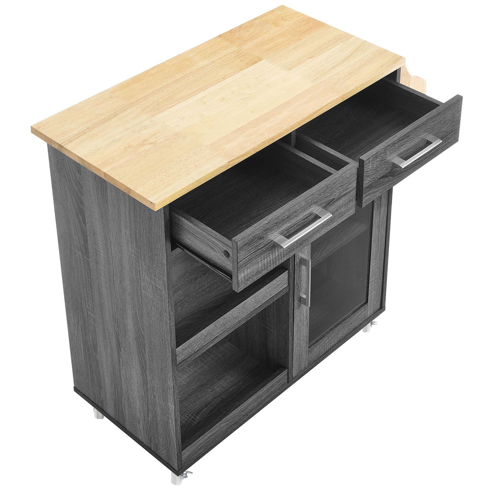Top of kitchen cart with thick wood surface and two drawers open to organize utensils and kitchen tools || EEI-6277-CHA-NAT || front_angle_open_studio