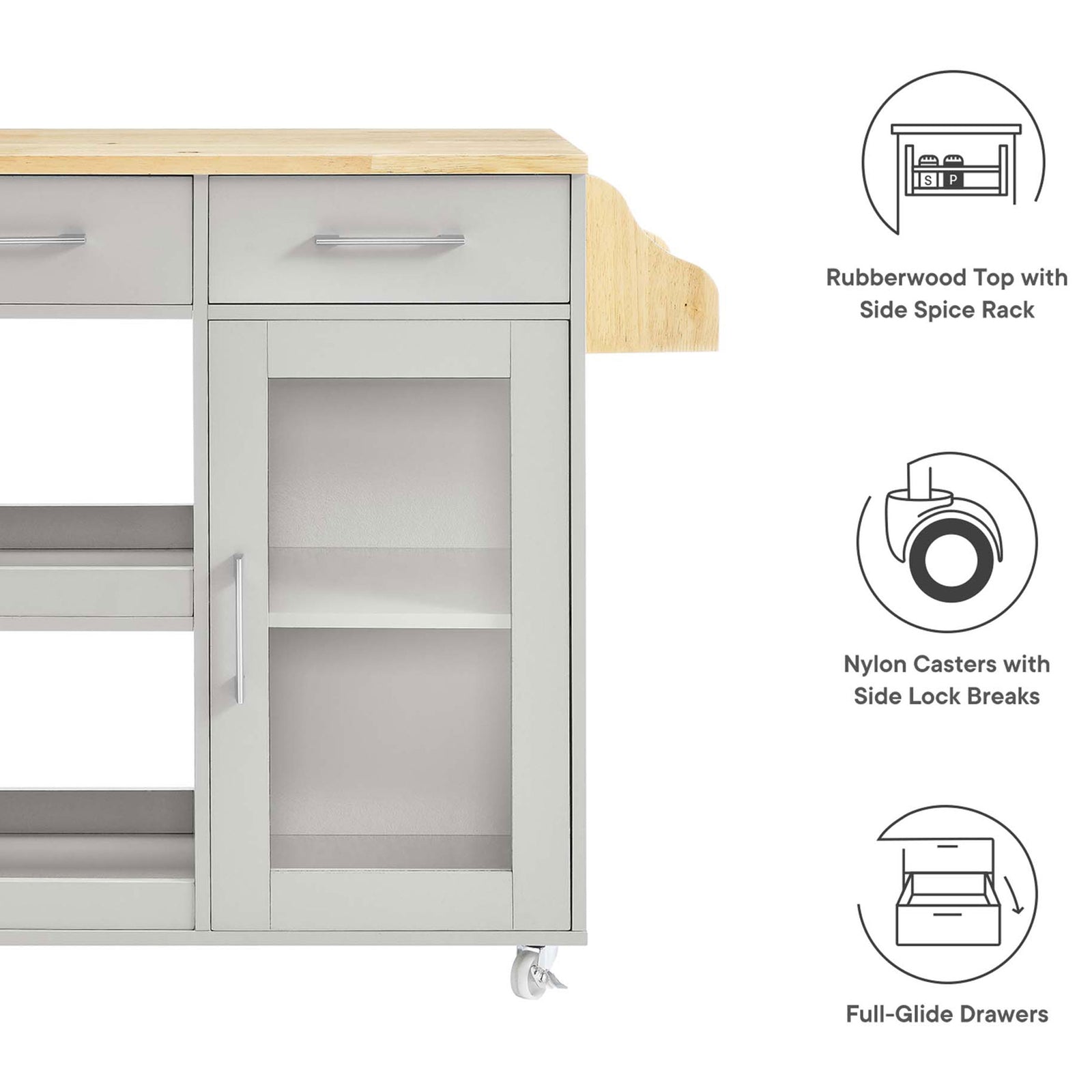 Illustrated feature callouts highlight rubberwood top, locking casters, and smooth full-glide drawers. || EEI-6277-LGR-NAT || callout_studio