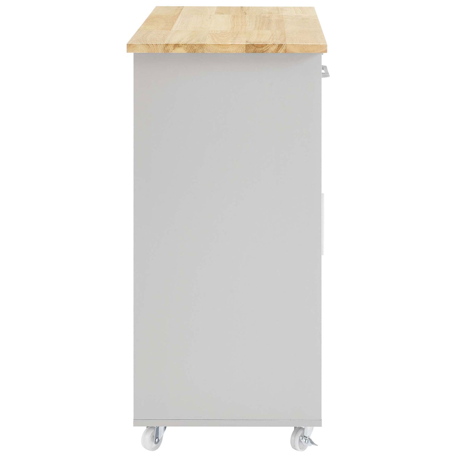 Space-saving kitchen cart in light gray with smooth panel, natural wood top, and rolling casters. || EEI-6277-LGR-NAT || side_studio