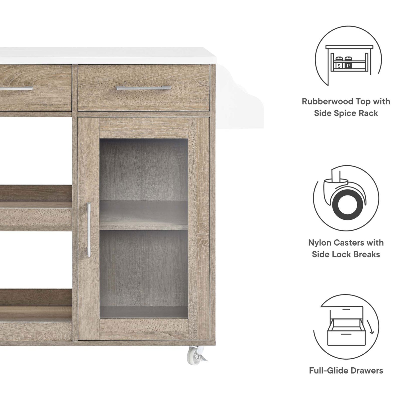 Feature graphic highlighting rubberwood top, side spice rack, nylon casters with locks, and full-glide drawers || EEI-6277-OAK-WHI || callout_studio