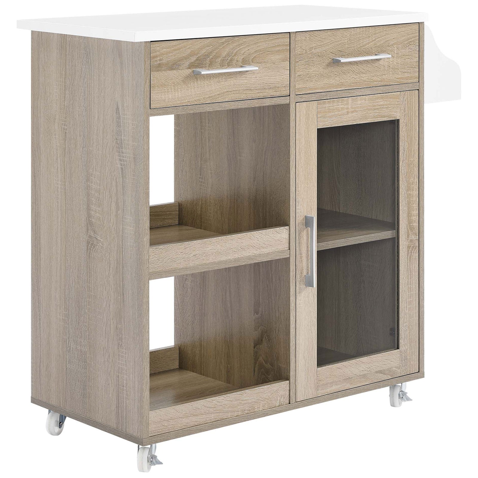 Culinary kitchen cart in oak wood-look finish with sleek white top, two drawers, and versatile open storage || EEI-6277-OAK-WHI || front_angle_studio