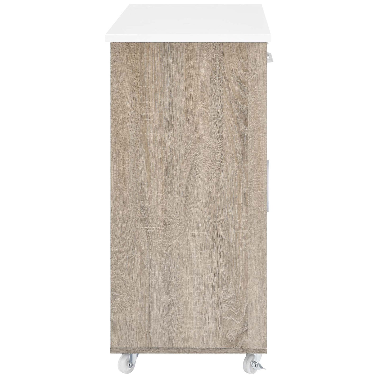 Slim oak and white kitchen cart with compact profile and smooth-rolling locking caster wheels || EEI-6277-OAK-WHI || side_studio