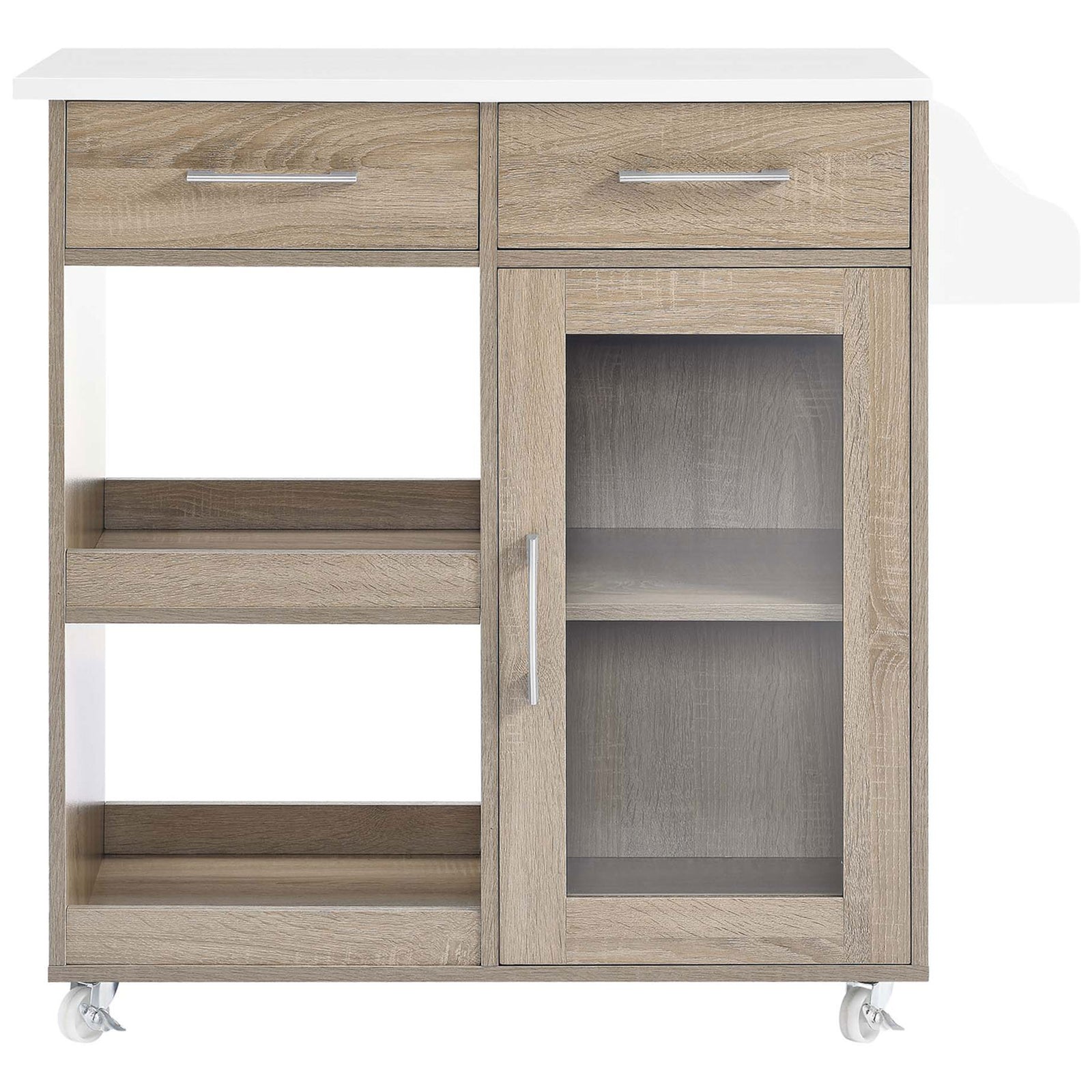 Oak and white kitchen cart with dual drawers, open shelving, glass-door cabinet, and locking caster wheels || EEI-6277-OAK-WHI || front_studio