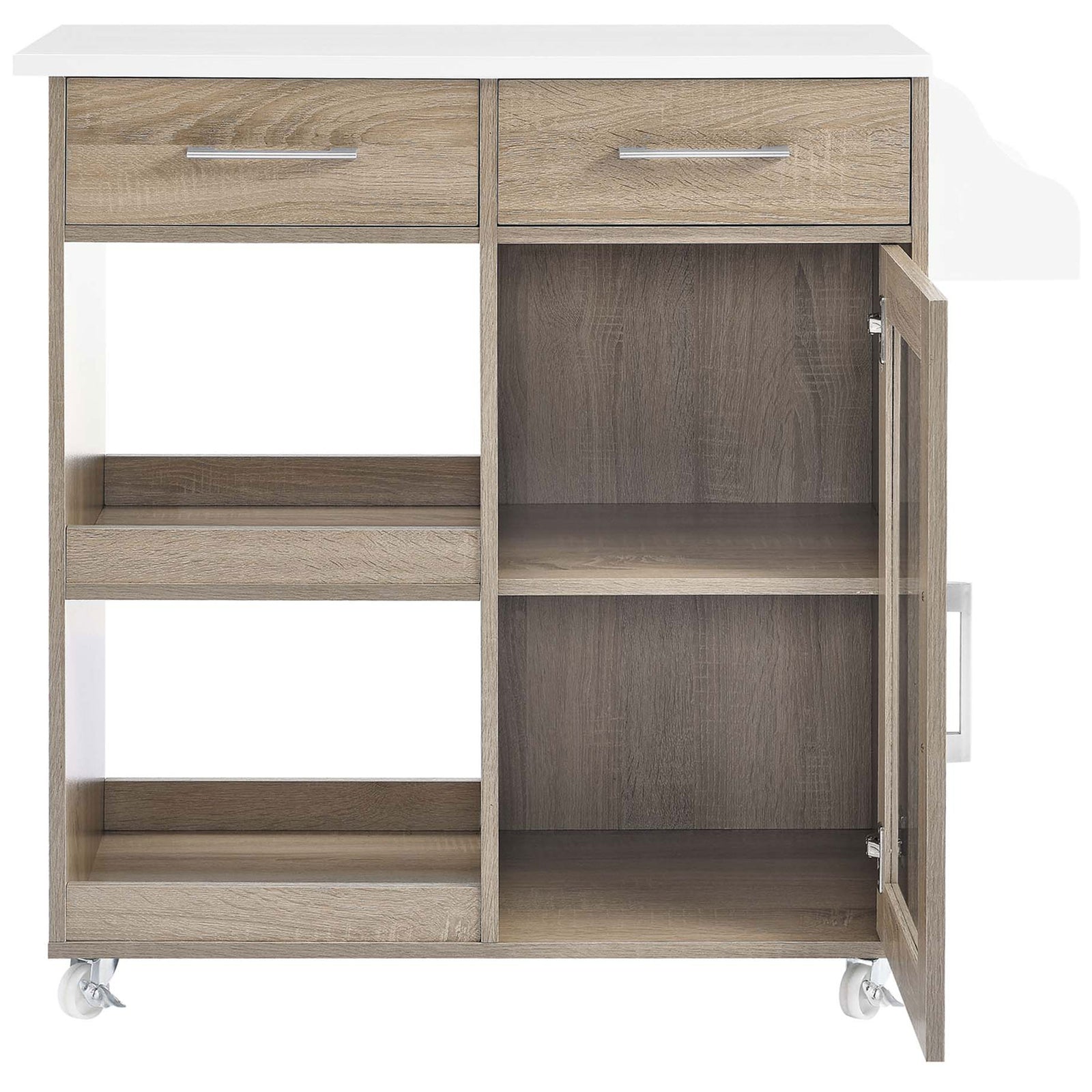 Kitchen cart with glass door open to reveal adjustable shelves and easy-access storage for dishes and pantry items || EEI-6277-OAK-WHI || front_open_studio