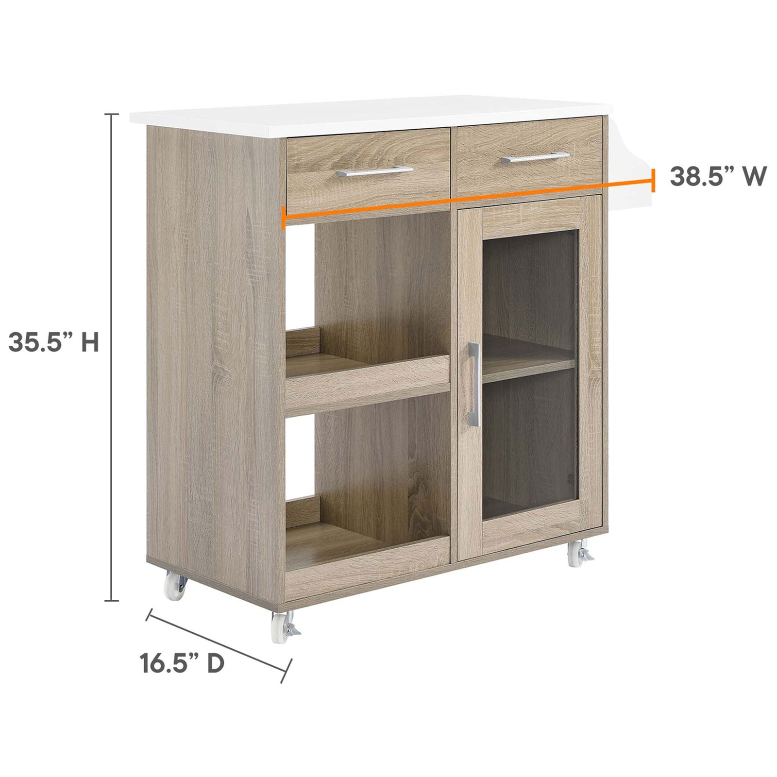 Size guide for the kitchen cart showing overall height, width, and depth measurements in a white studio scene || EEI-6277-OAK-WHI || dimension_studio